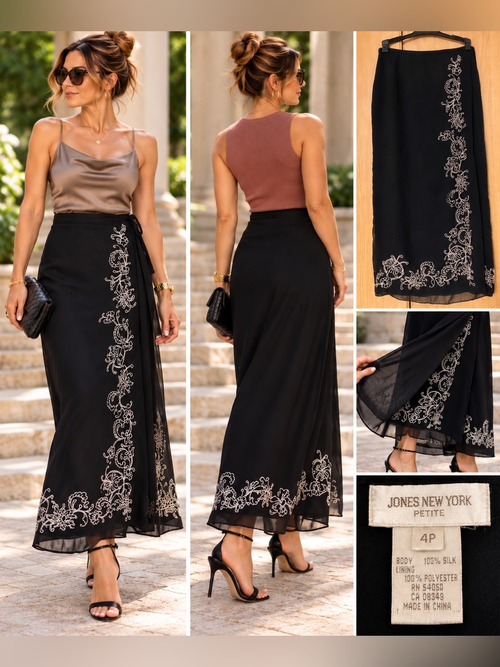 Jones New York 100% Silk Black Wrap Maxi Skirt with Cream Embroidery